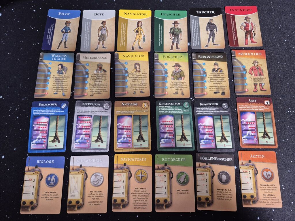 Charakterkarten aller vier Spiele.