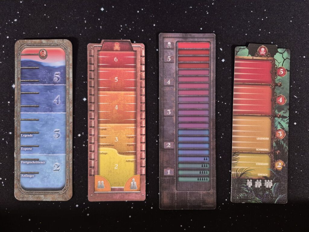 Vier Leisten mit Zahlen und Strichen.