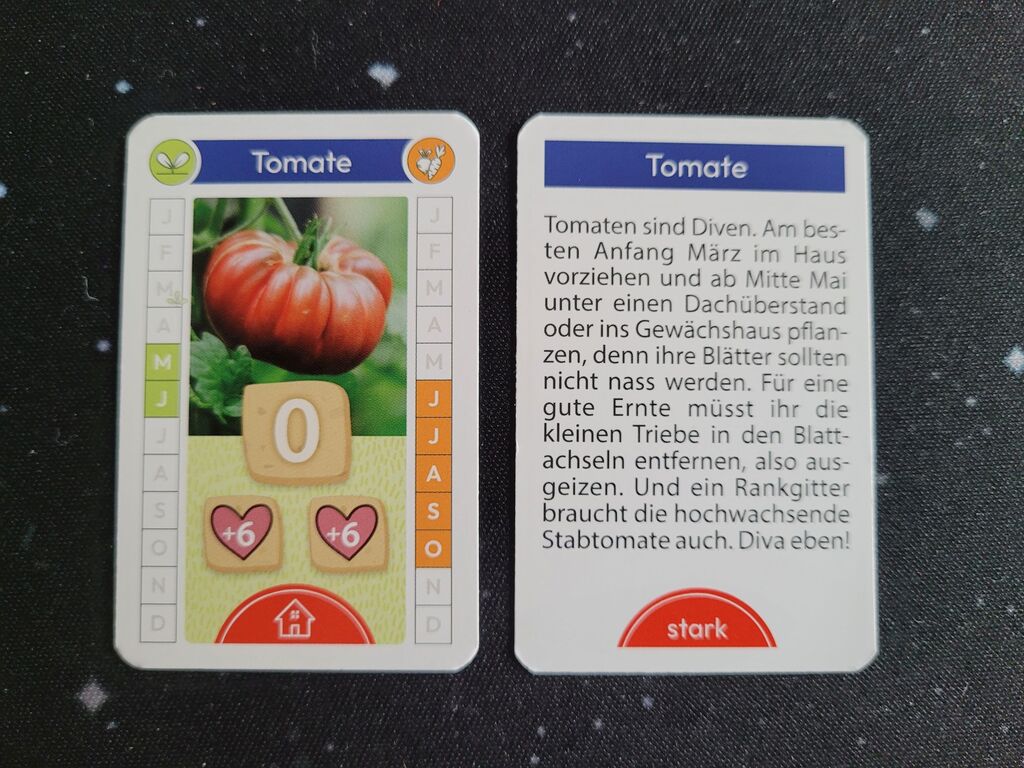 Vorder- und Rückseite einer Karte mit Tomate. Auf einer Seite viele Symbole, auf der anderen Seite Text.
