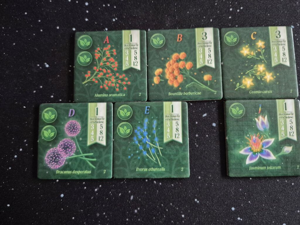 Sechs grüne Plättchen mit Pflanzen und Zahlen.