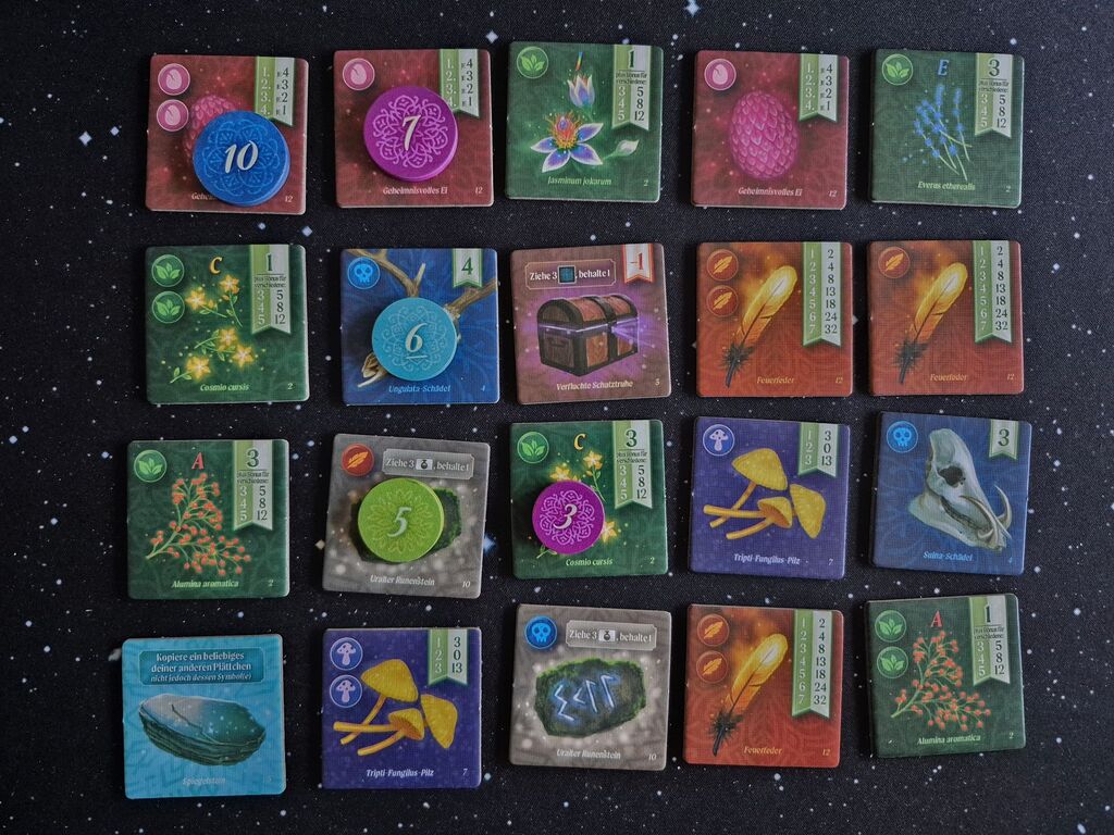 Ein Raster aus Plättchen, auf einigen liegen Marker mit Zahlen.