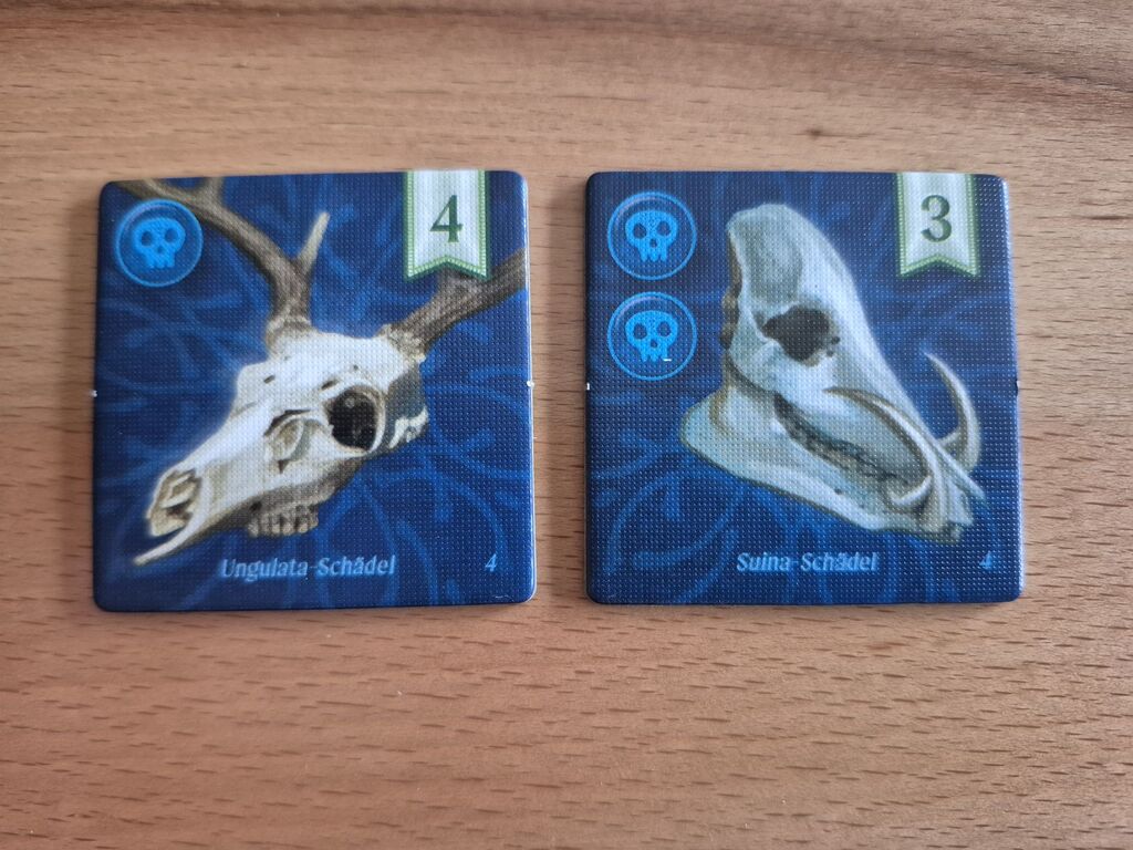 Zwei Plättchen mit Tierschädeln und Symbolen