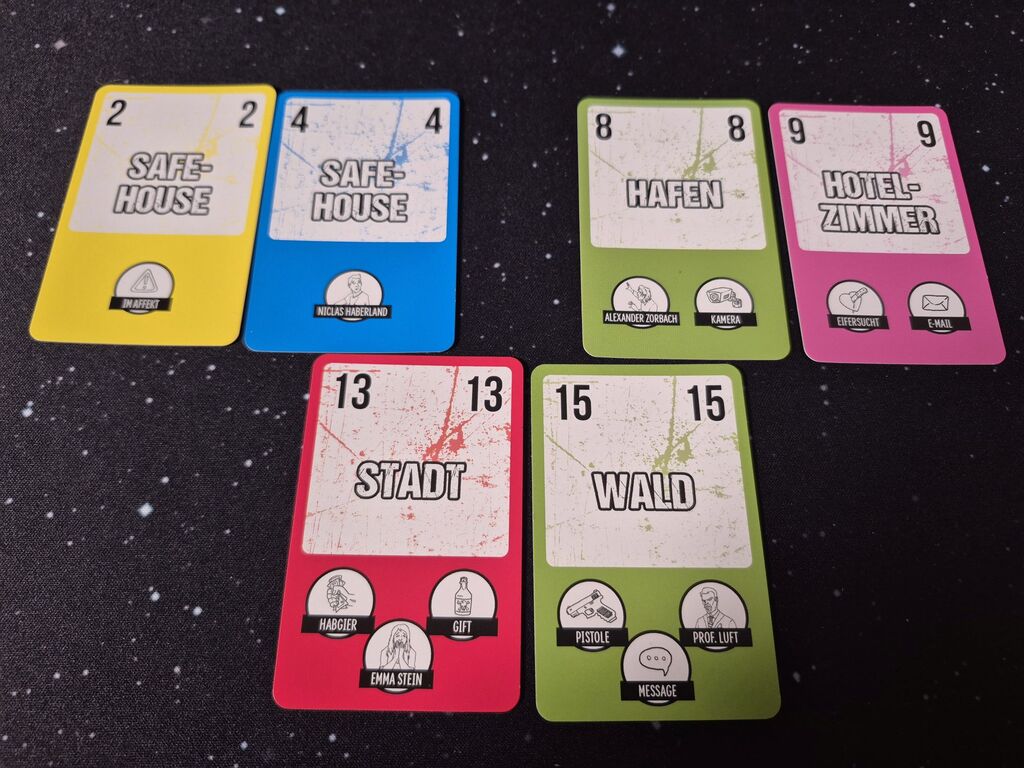 Sechs Karten mit Zahlen, Text und Symbolen.