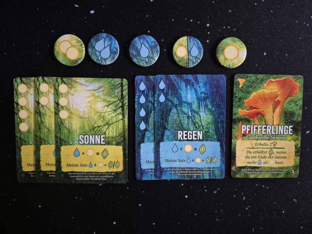 Karten und Marker mit Symbolen.