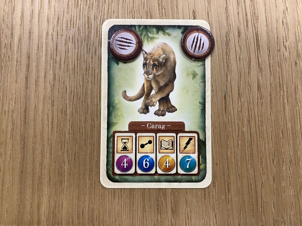 Eine Karte mit einem Puma, Symbolen und Zahlen und zwei Markern.