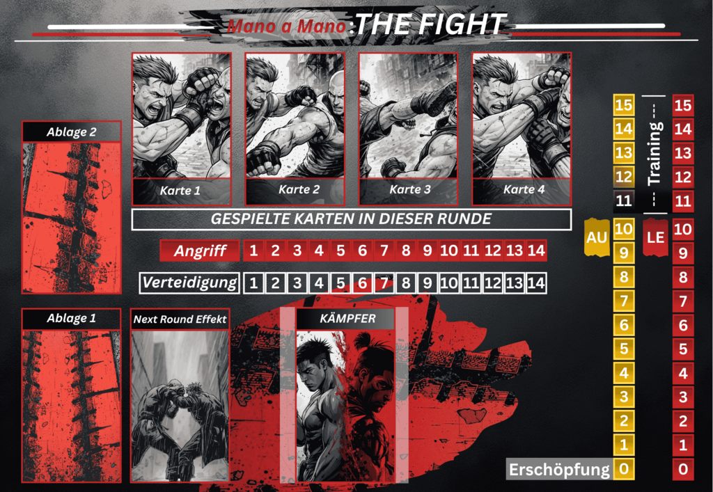 Spielmatte mit vielen Feldern, Text und Zahlen.