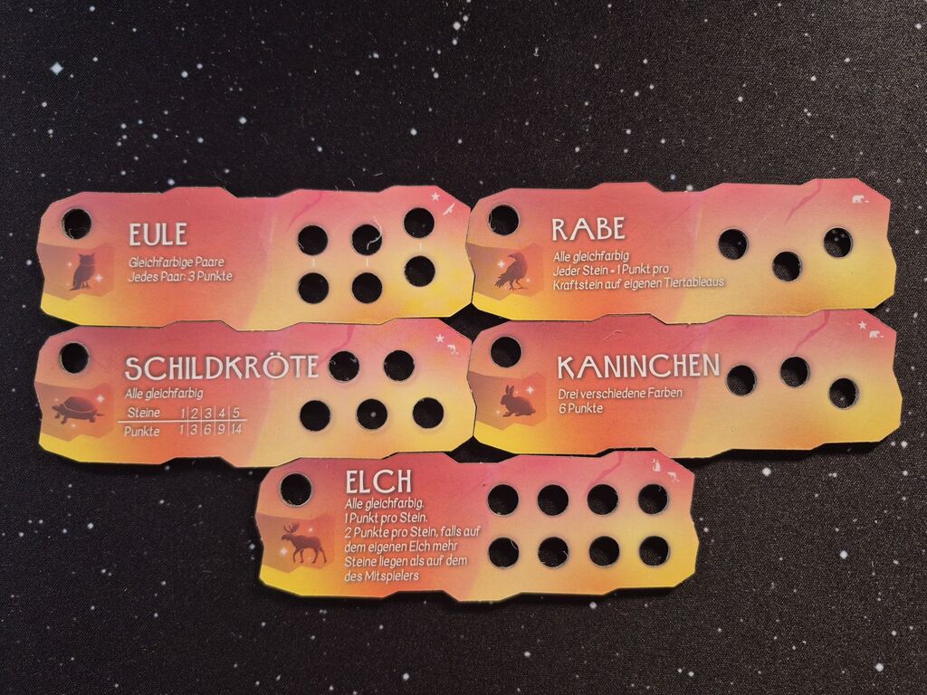 Fünf Tiertableaus mit Text und Löchern.