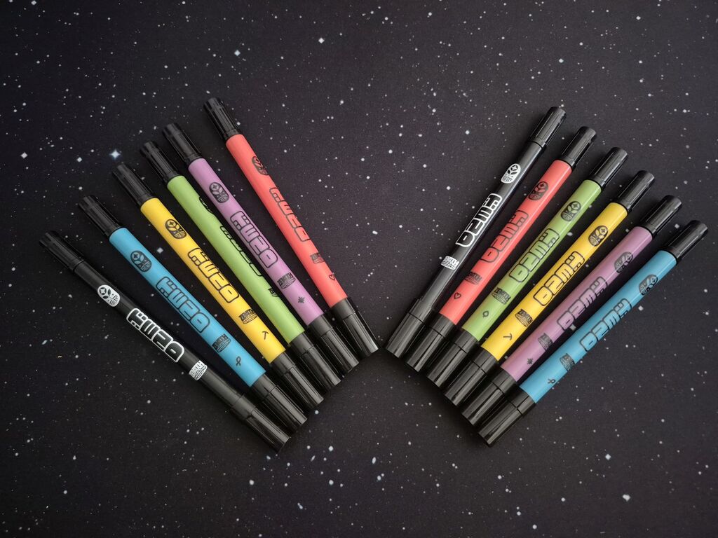 Zwölf Stempelstifte in sechs Farben.