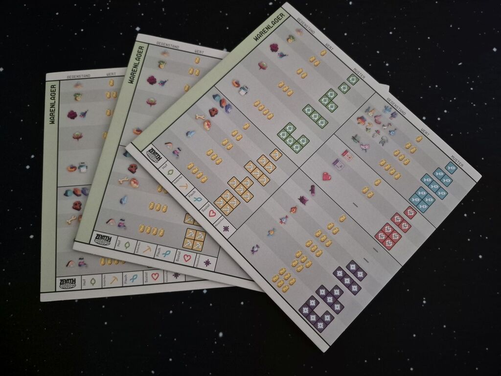 Spielübersicht "Warenlager" mit vielen Symbolen.