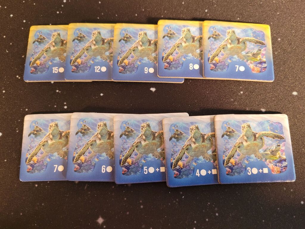 Plättchen mit Schildkröten und Symbolen.