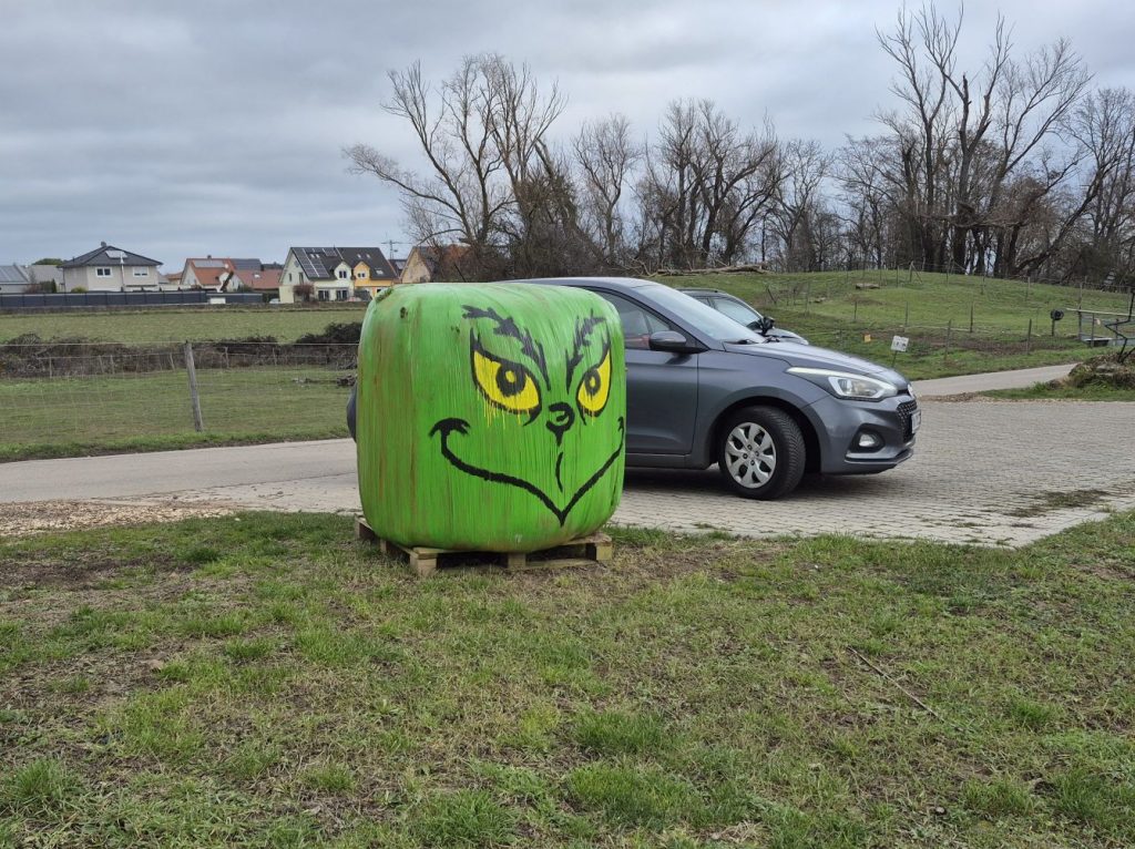 Heuballen mit Grinch-Gesicht neben Auto.