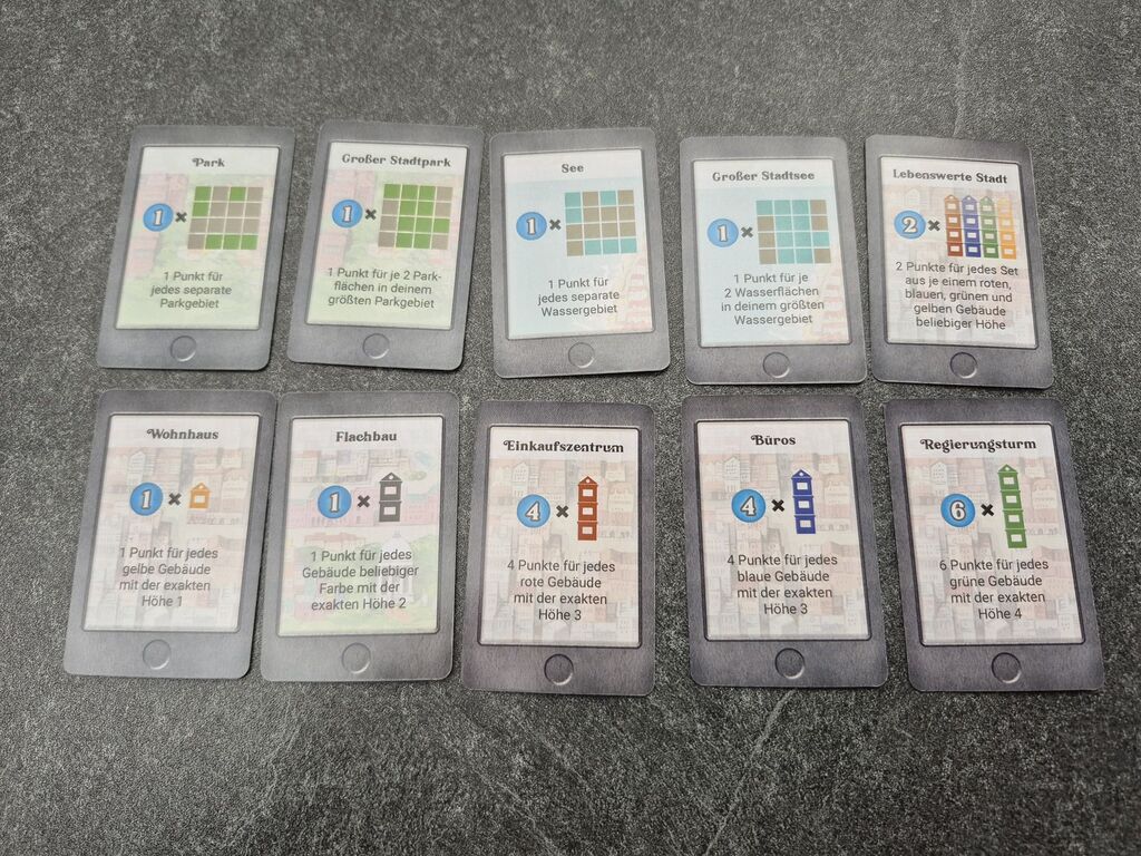 Zehn Karten aus "Cities" mit Symbolen und Text.