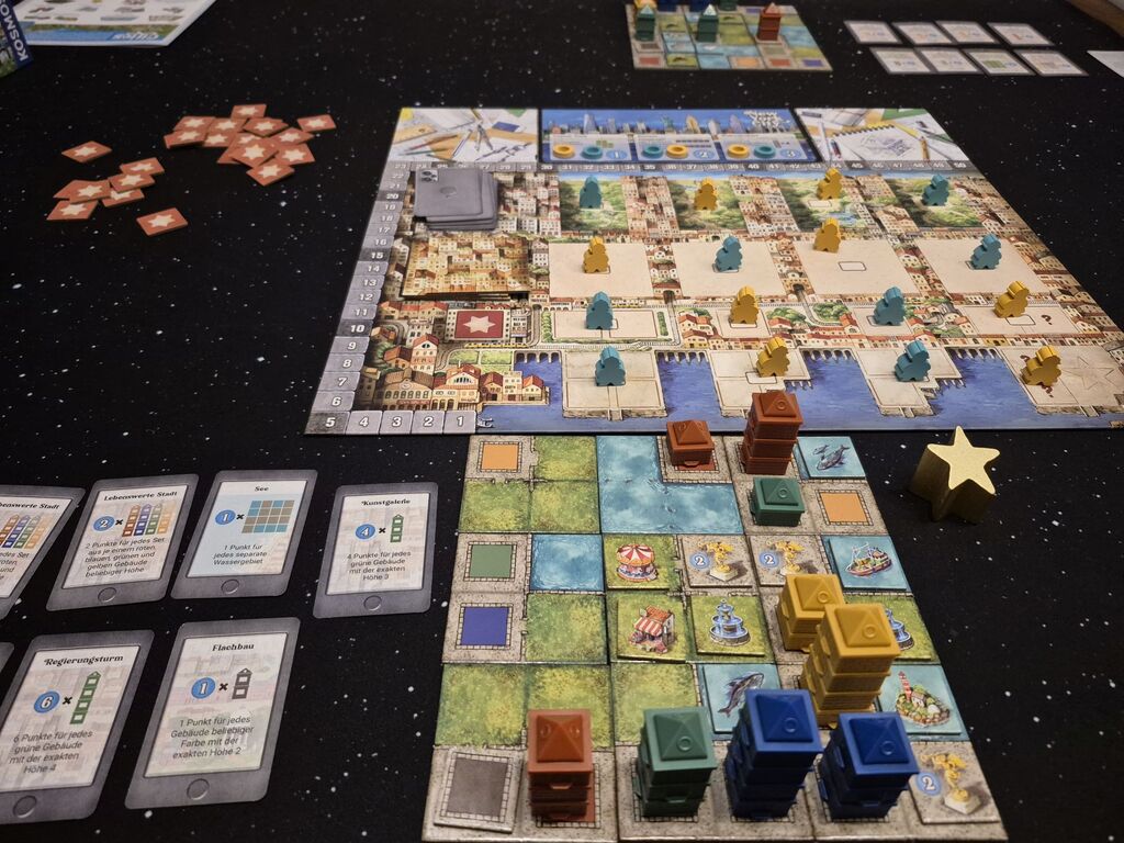 Spielmaterial von Cities gegen Spielende.