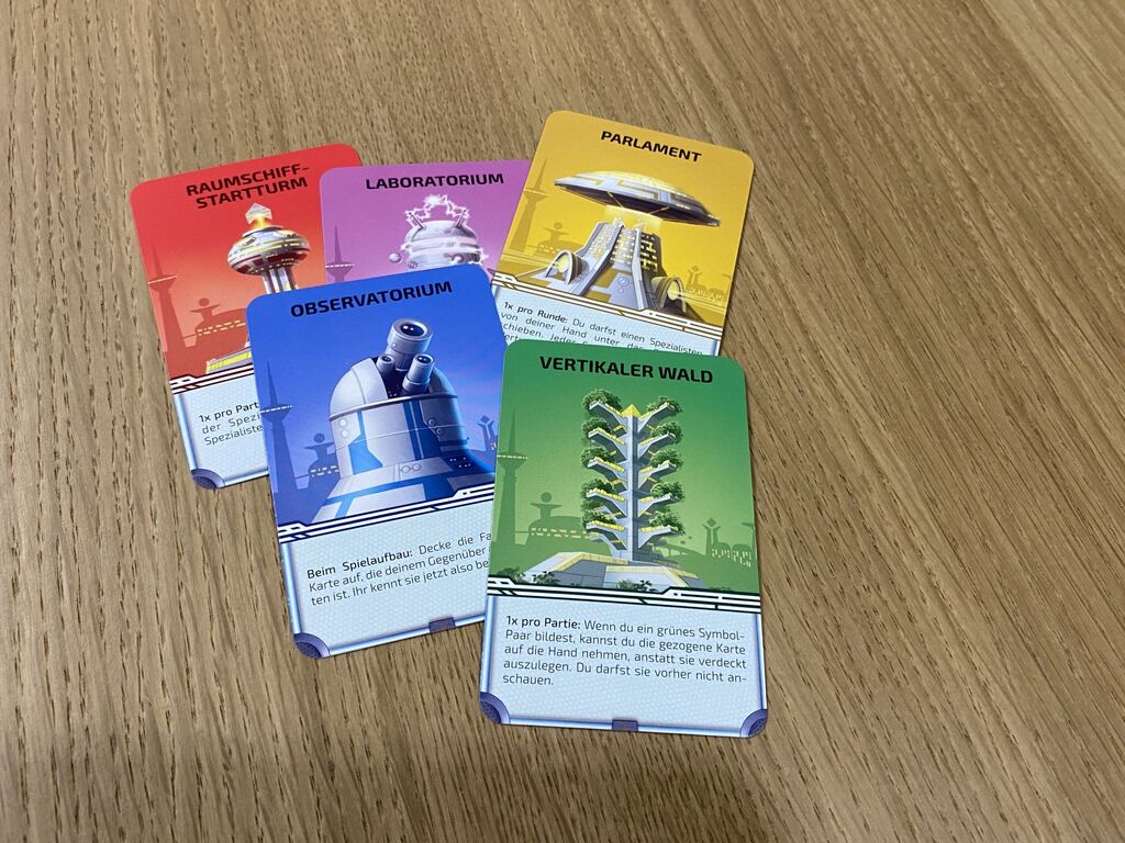 Fünf Karten mit Illustration und Text.