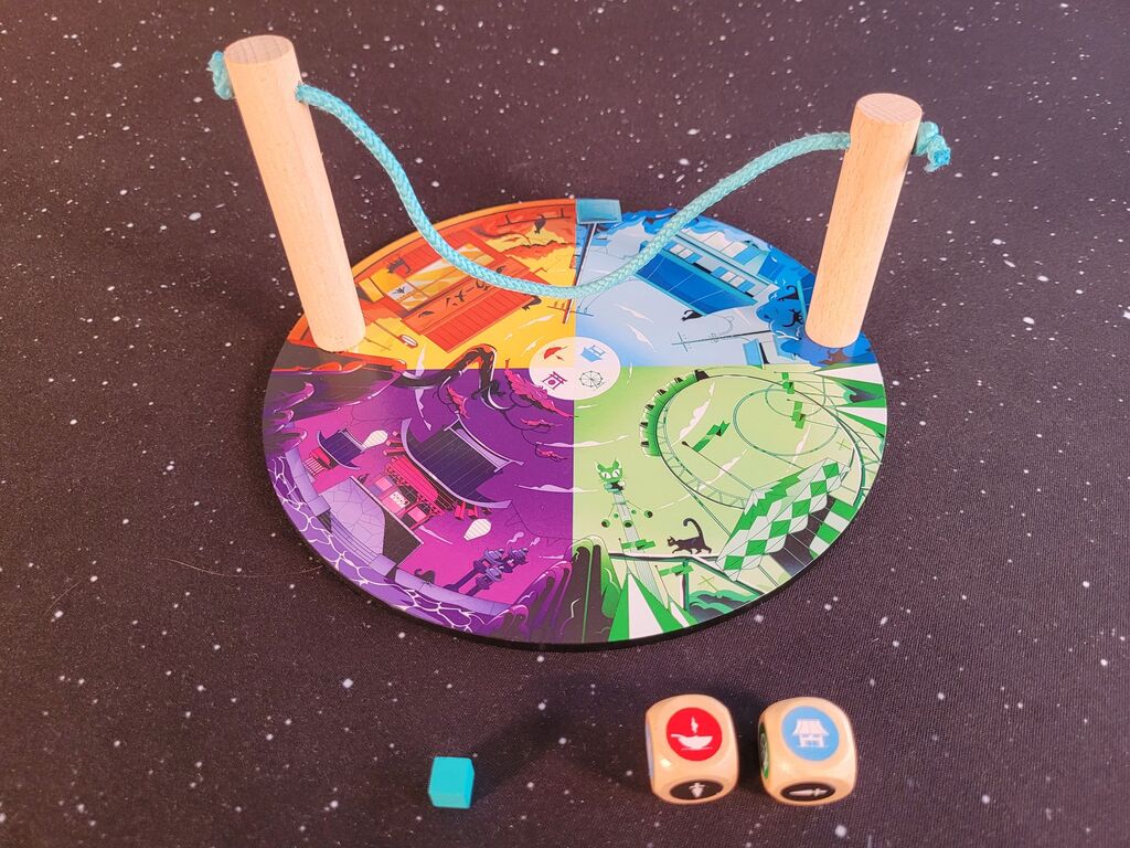 Spielplan, Säulen, Würfel.