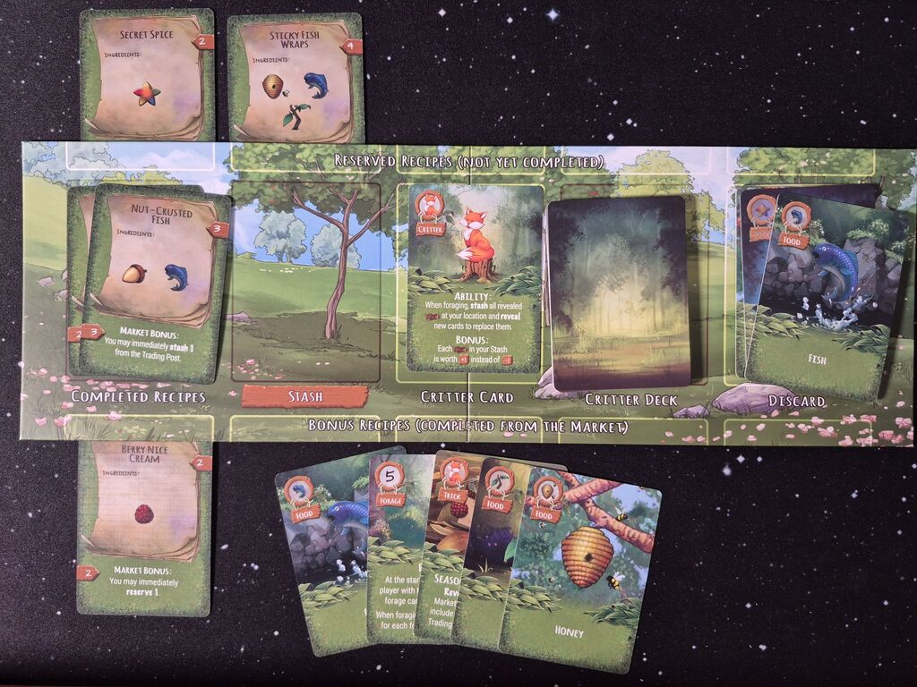 Spielmaterial ums Spielertableau von "Survival of the Fattest".