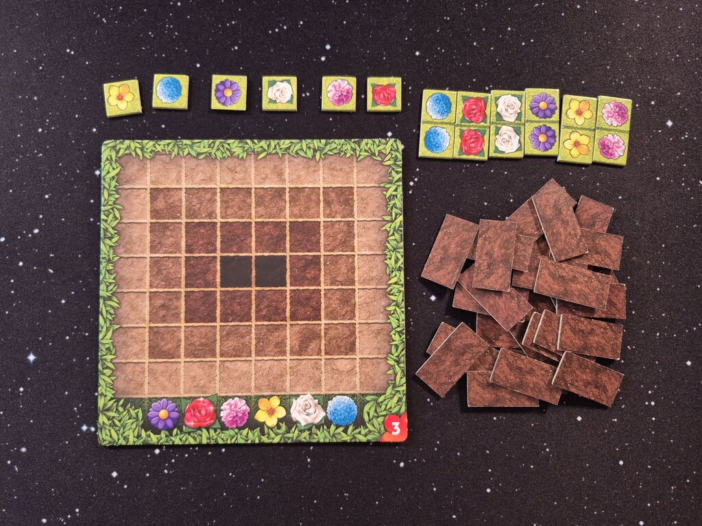 Spielmaterial mit anderem Spielplan und Plättchen.