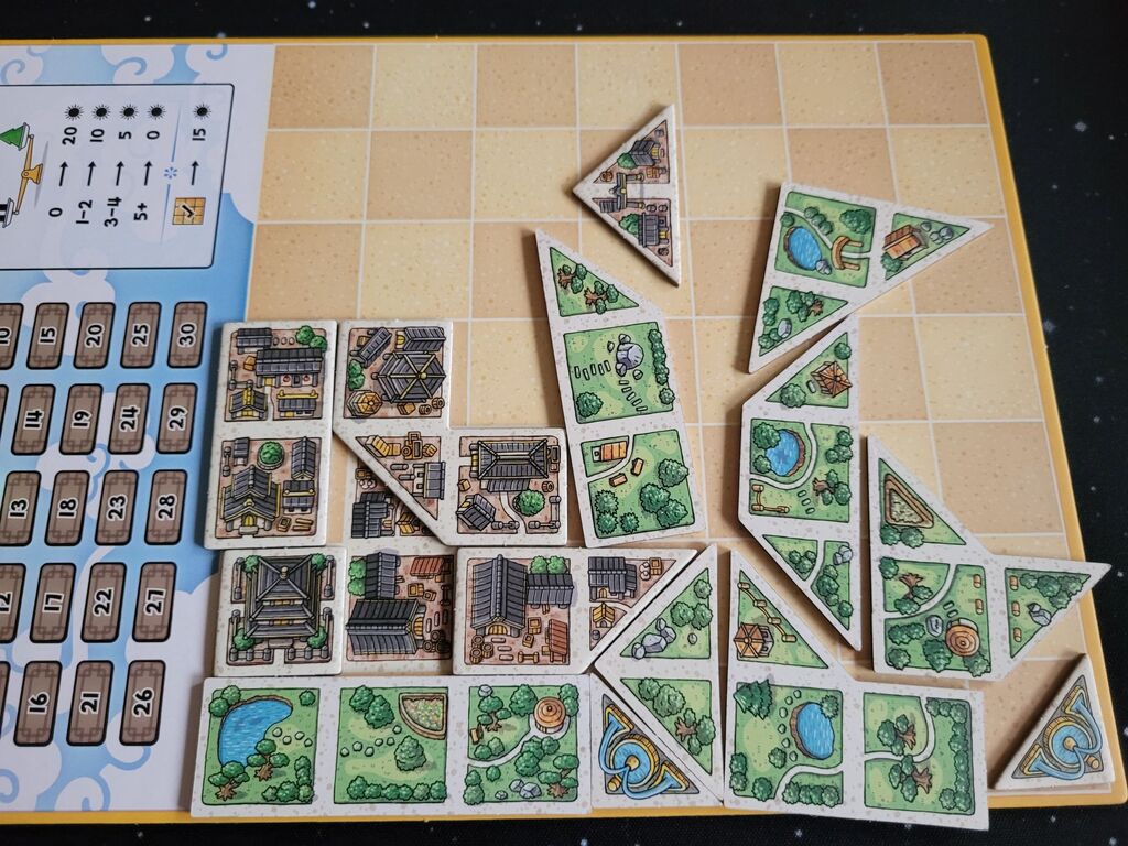 Spielplan mit Stadt- und Parkplättchen.