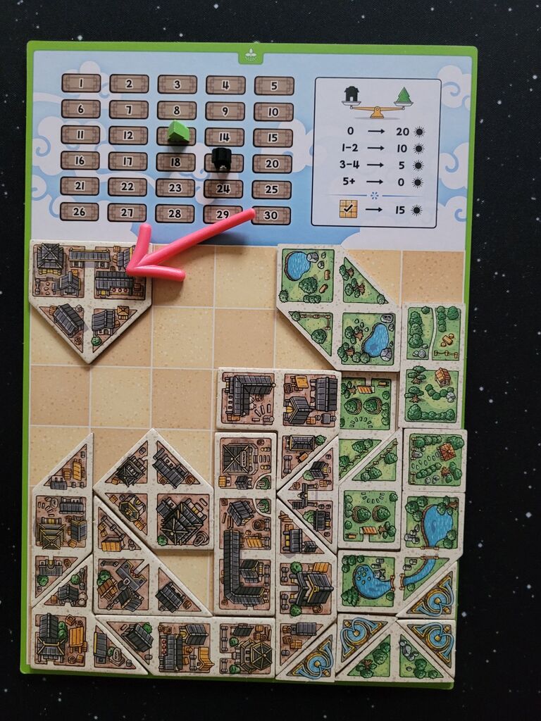 Spielertableua mit vielen Plättchen.