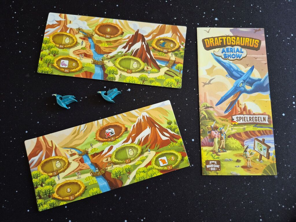 Spielmaterial einer Erweiterung von "Draftosaurus".