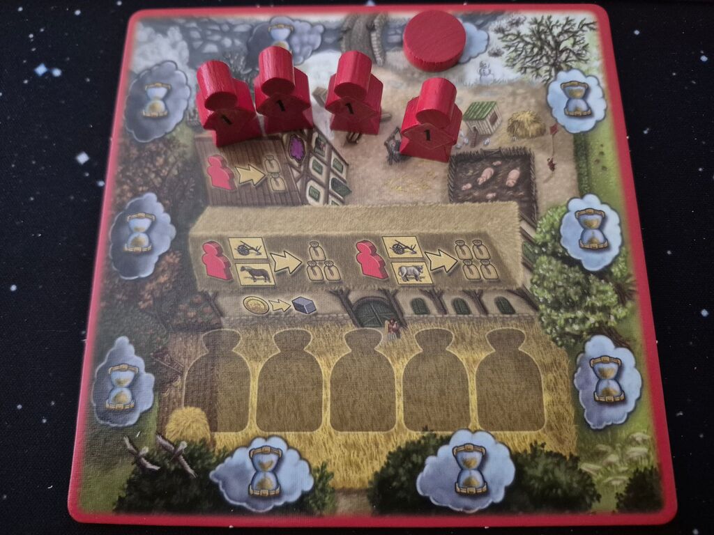 Spielertableau mit Figuren und Symbolen.