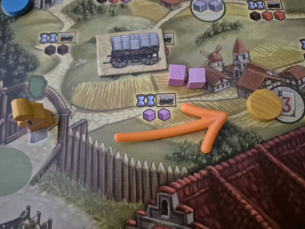Spielmaterial aus "Village" auf Spielplanausschnitt.