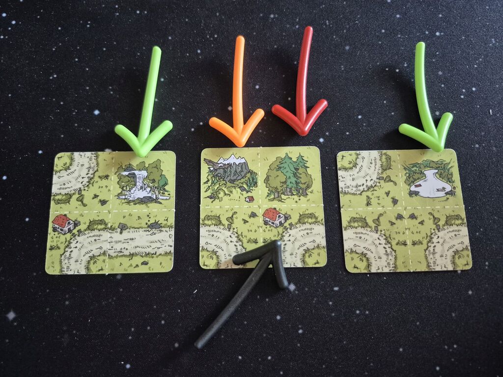 Plättchen, bei denen Pfeile auf Illustrationen zeigen.