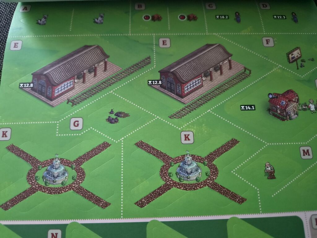 Aufkleber von Bahnhof, Haus, Wegkreuzung und Personen.