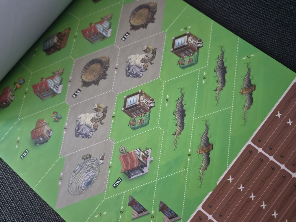Aufkleber von Gebäuden, Mine und Schluchten.