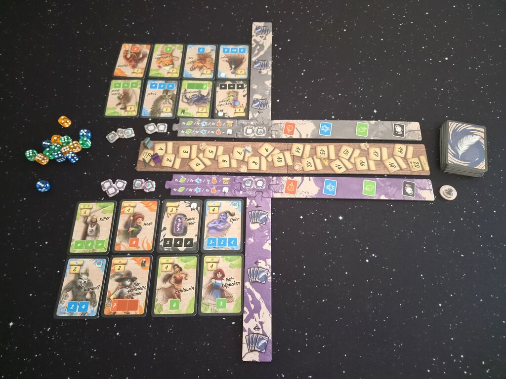 Aufgebautes Spielmaterial.