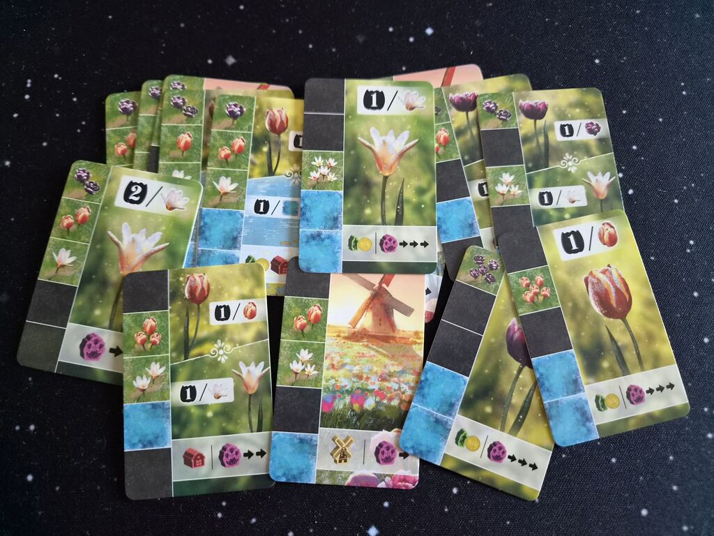 Karten mit Symbolen, Blumen und Zahlen.