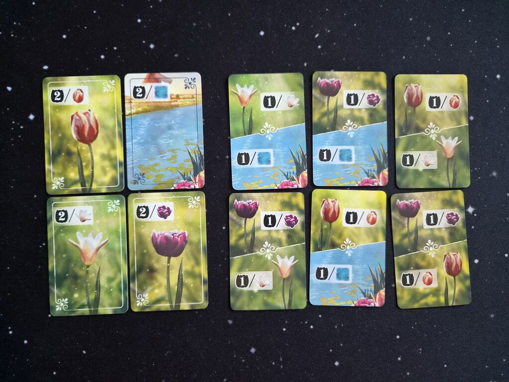 Zehn Karten mit Blumen, Wasser und Zahlen.