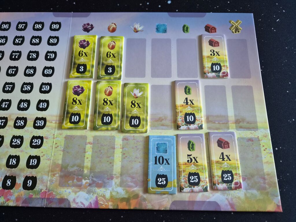 Plättchen mit Symbolen und Zahlen auf Spielplan.