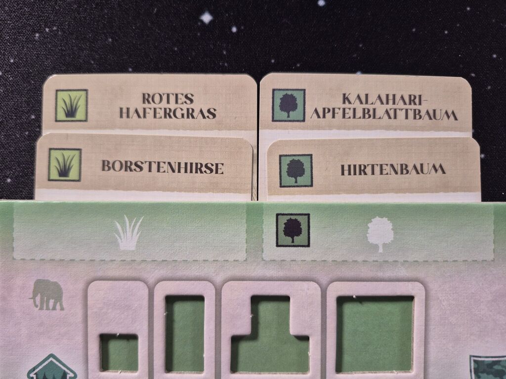 Spielmaterial mit Text und Symbolen.