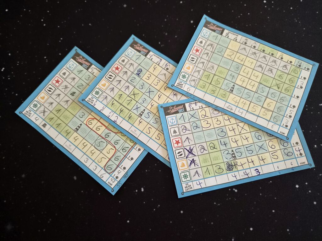 Ausgefüllte Blätter vom Wertungsblock von "Sailorman-Dice".