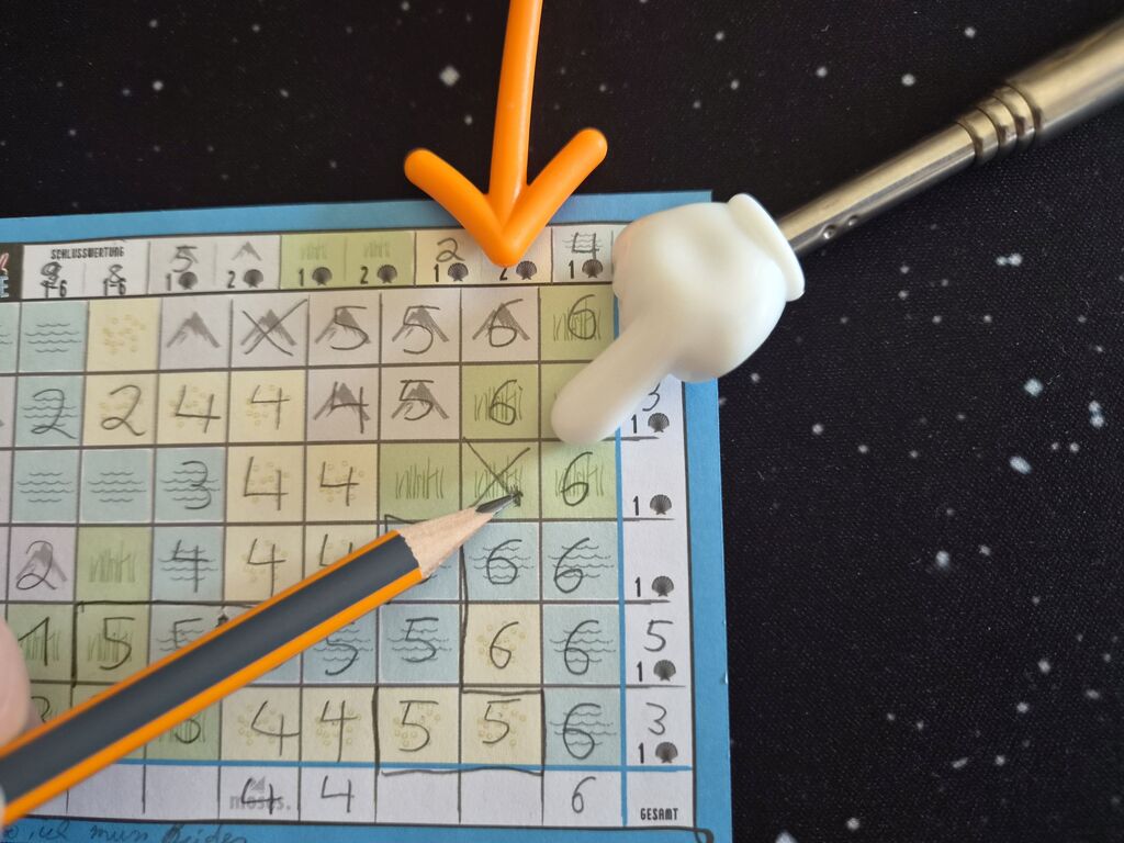 Wertungsblatt, Stift, Pfeil und Zeiger.