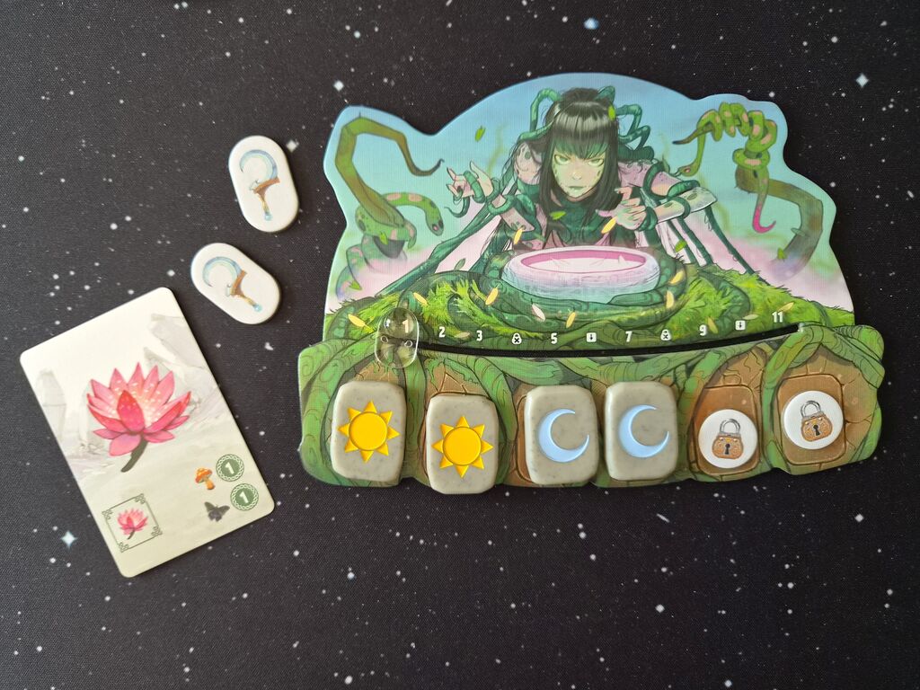 Spielertableau mit Markern und einer Karte.