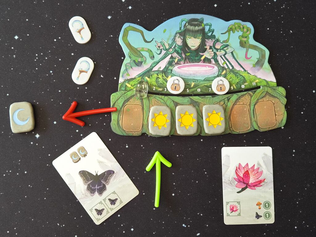 Spielmaterial, eine Rune gedreht.