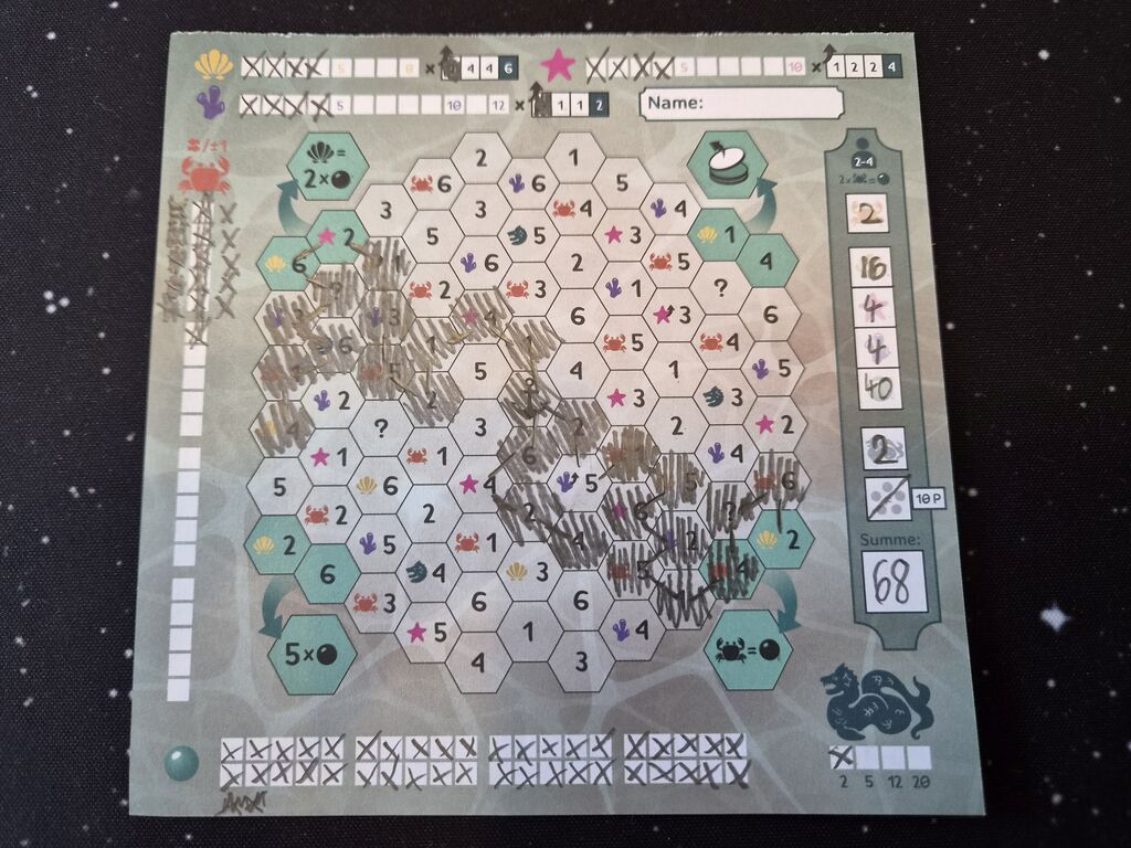 Spielplan-Blatt, ausgefüllt.