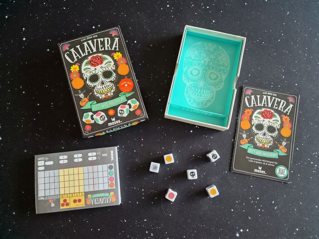 Spielmaterial mit Würfeln, Block, Schachtel, Anleitung.