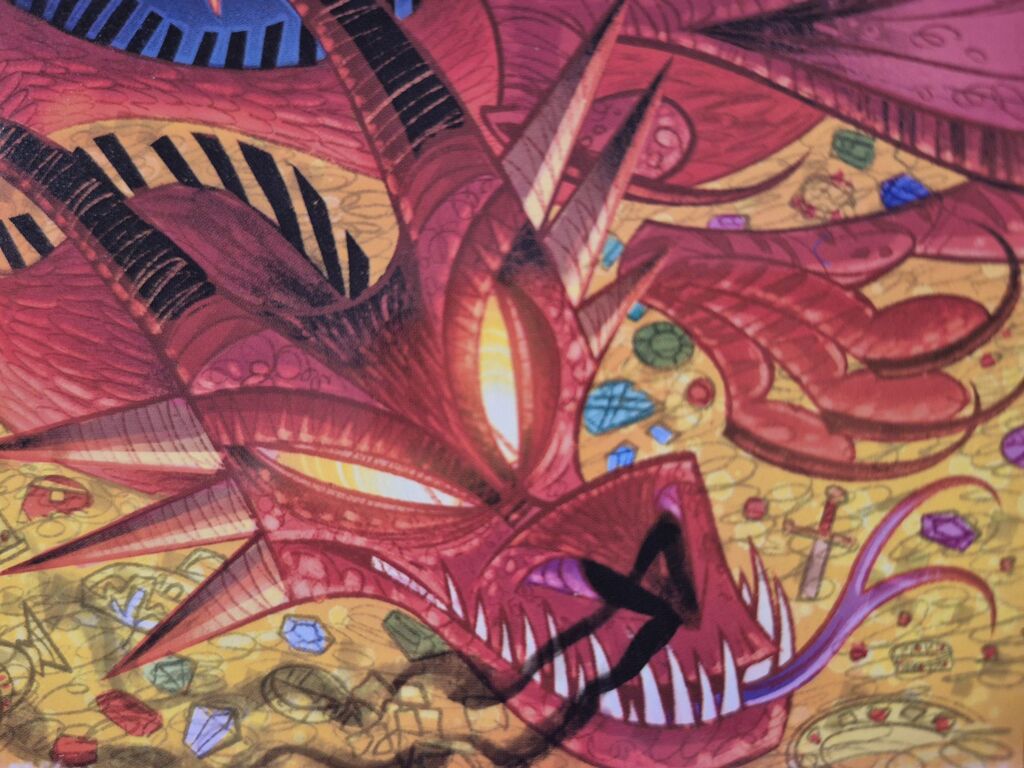 Illustration eines Drachenkopfes vor einem Goldberg.