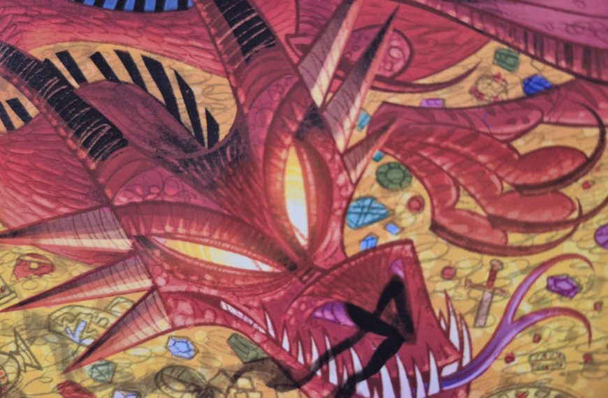 Illustration eines Drachenkopfes vor einem Goldberg.