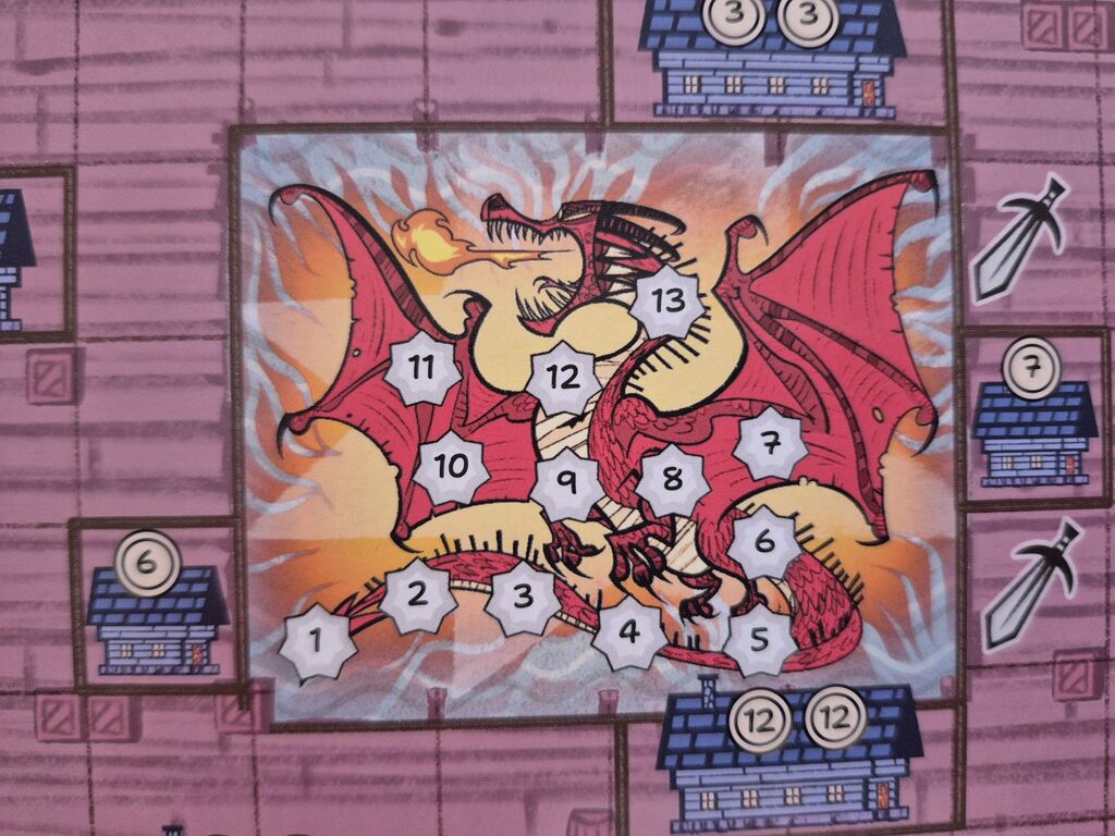 Spielplanausschnitt mit Drache und Zahlen.