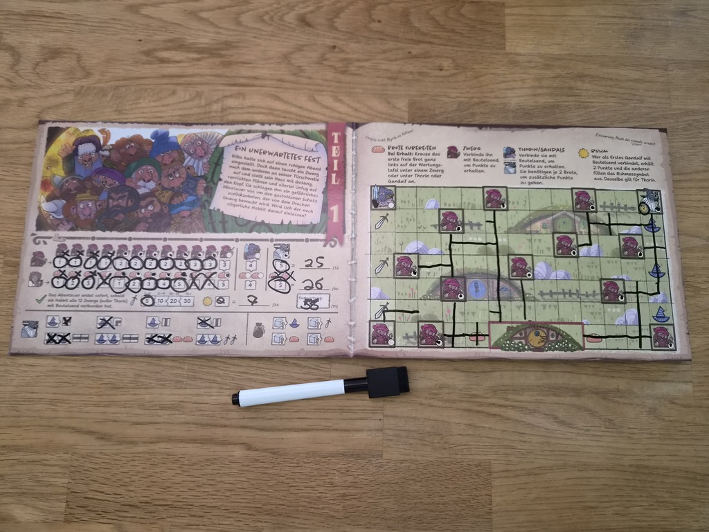Spielplan von "Der Hobbit – Hin und zurück", Kapitel eins, am Spielende.