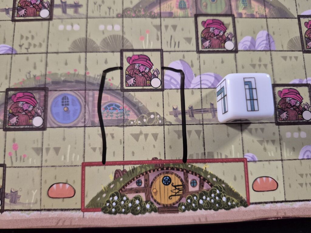 Spielplanausschnitt mit Linien und Würfel.