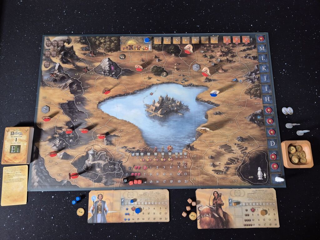Spielaufbau von "Die Legenden von Andor – das Ferne Land".
