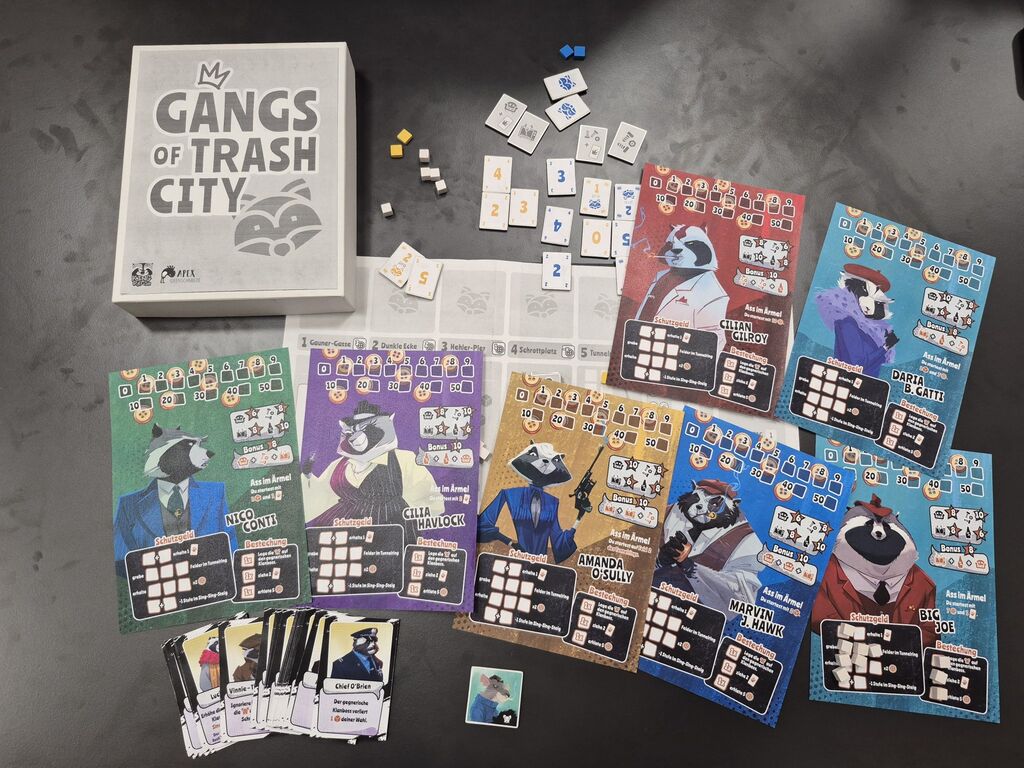 Spielmaterial des Prototyps von "Gangs of Trash City".