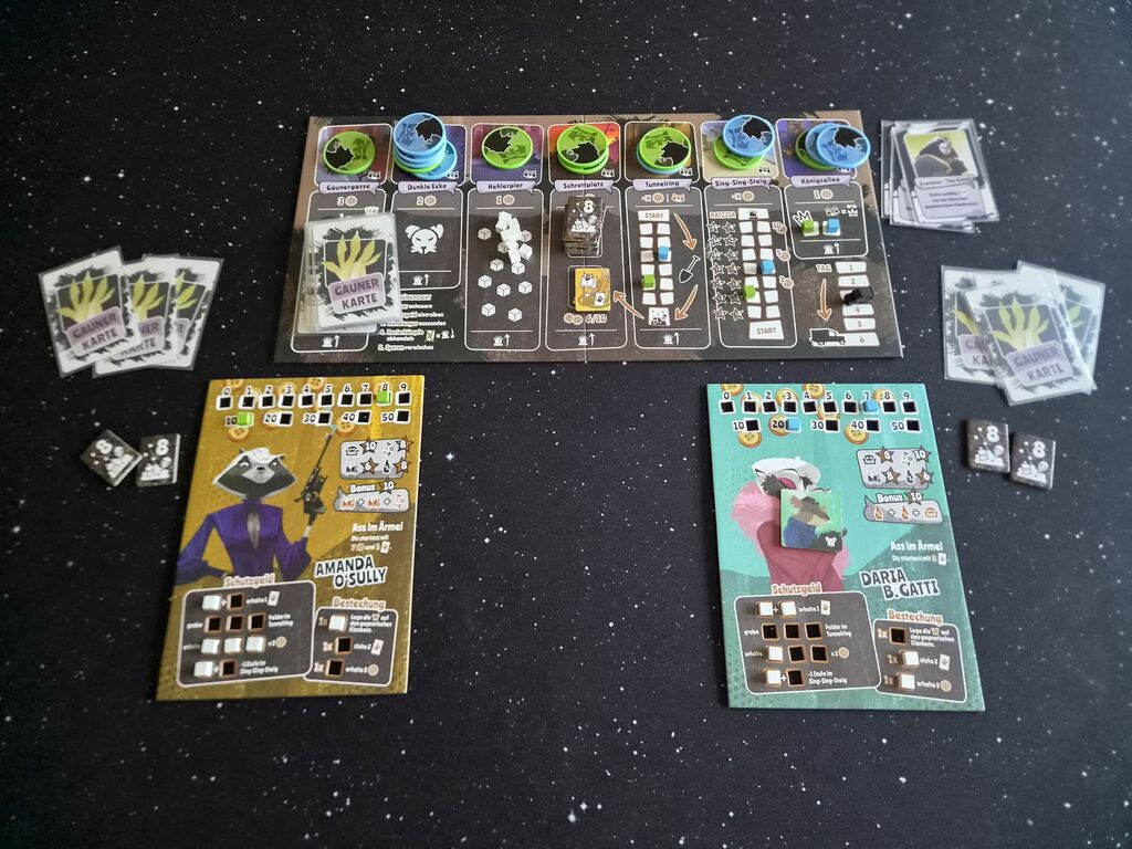 Spielmaterial von "Gangs of Trash City" im Spielverlauf.