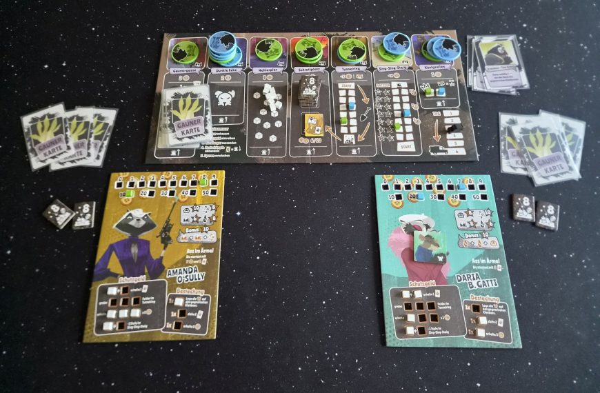 Spielmaterial von "Gangs of Trash City" im Spielverlauf.