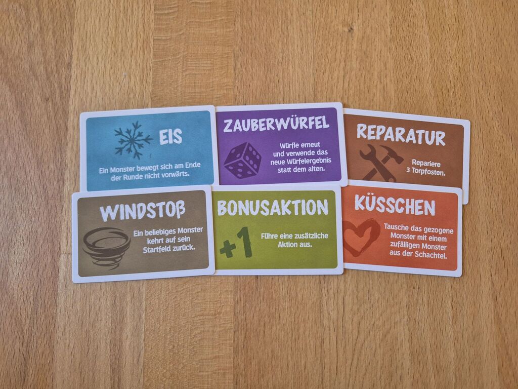 Sechs Karten mit Text und Symbol.